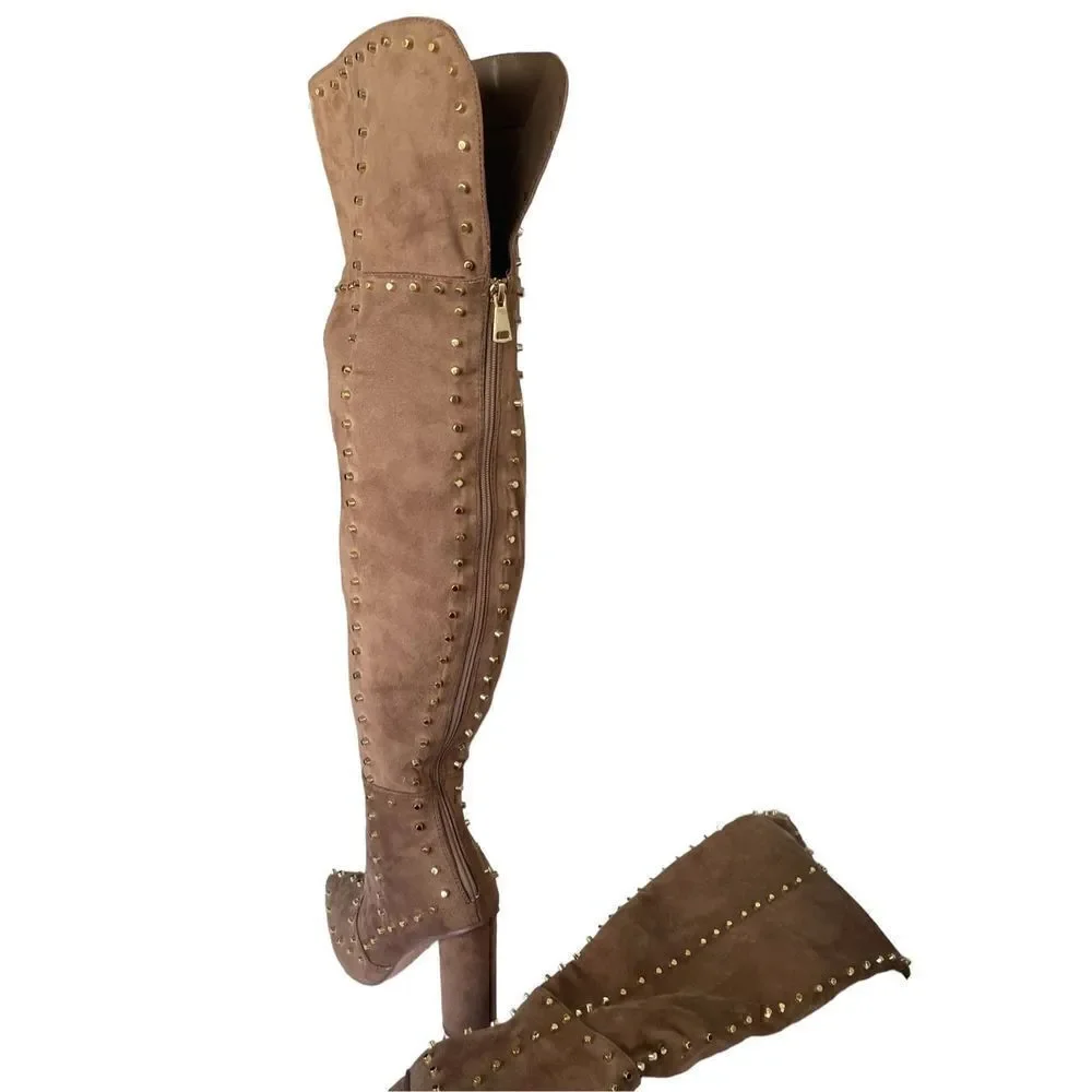 New Venus Faux Suede Studded Over the knee Taupe Boots